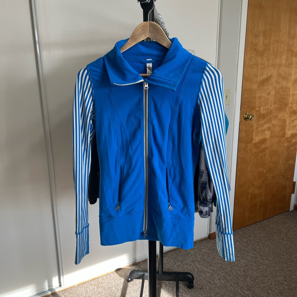 lululemon athletica Blue Bomber Jacket with Striped Sleeves